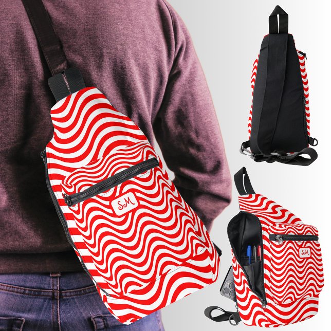 Monogram Red & White Stripes Psychedelic Crossbody Bag (Monogram Red & White Wavy Stripes Psychedelic Sling Bag)
