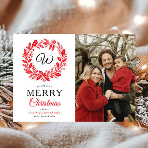 Monogram Red Wreath Frohe Weihnachts-Foto Feiertagskarte