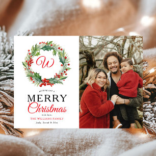 Monogram Red Wreath Frohe Weihnachts-Foto Feiertagskarte