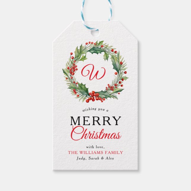 Monogram Red Wreath Frohe Weihnachts-Foto Geschenkanhänger (Vorderseite)