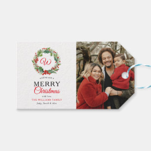 Monogram Red Wreath Frohe Weihnachts-Foto Geschenkanhänger