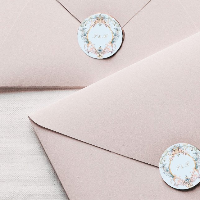 Monogram Regency Wappen Elegant Blue Runder Aufkleber (Von Creator hochgeladen)