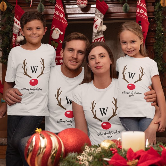 Monogram Reindeer Antler Red Nose Weihnachten T-Shirt (Von Creator hochgeladen)