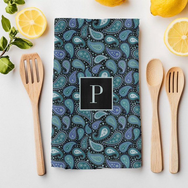 Monogram Retro Blau Paisley-Muster Geschirrtuch (Monogram Retro Blue Paisley Pattern Kitchen Towel)