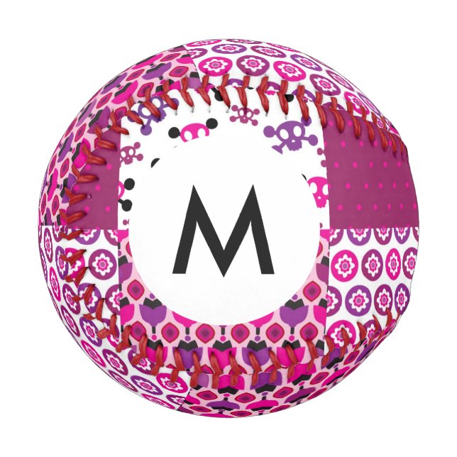 Monogram Retro Blume Skull Polka Punkt Baseball (Vorderseite Links)