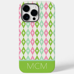 Monogram Retro Christmas Diamonds Pink & Green Case-Mate iPhone 14 Pro Max Hülle