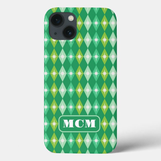 Monogram Retro Christmas Mid Century Green Case-Mate iPhone Hülle (Rückseite)