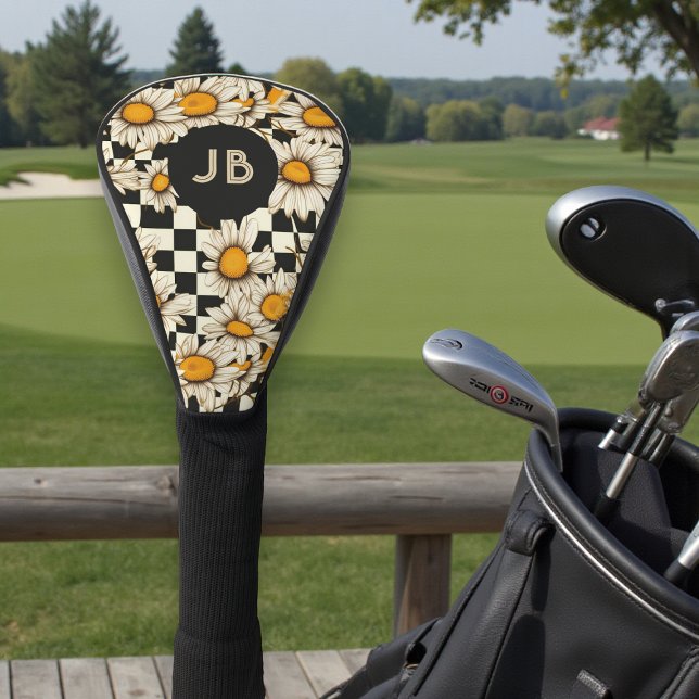 Monogram Retro Groovy Daisy Checkerboard Golf Headcover (Von Creator hochgeladen)