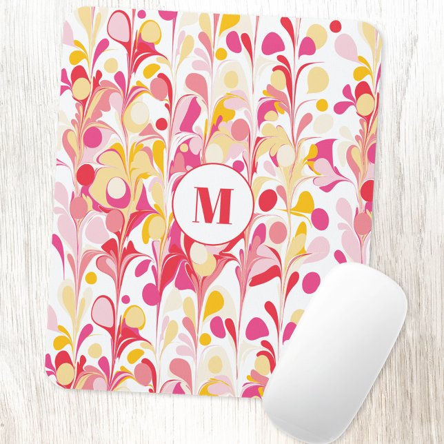 Monogram Retro Marble Abstract Pattern Pink Mousepad (Modern retro pink yellow marble pattern personalized monogram initial mousemat)