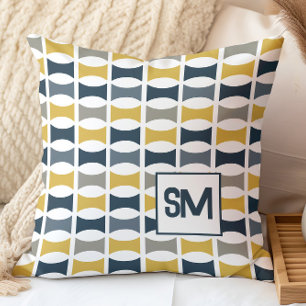 Monogram Retro Mid Century Geometric Navy, Mustard Kissen