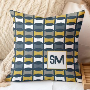 Monogram Retro Mid Century Geometric Navy, Mustard Kissen