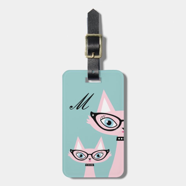 Monogram Retro Pink Katzen-Gepäckanhänger Gepäckanhänger (Vorderseite vertikal)