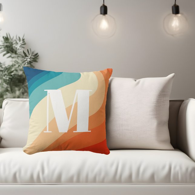 Monogram Retro Rainbow Blue Orange Kissen (Von Creator hochgeladen)