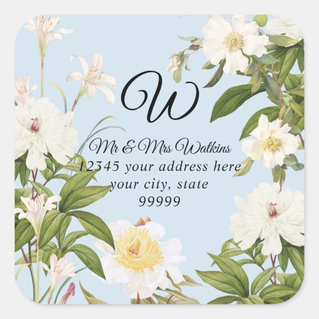Monogram Return Label Blue Lilie Rose Peony Floral Quadratischer Aufkleber (Vorderseite)