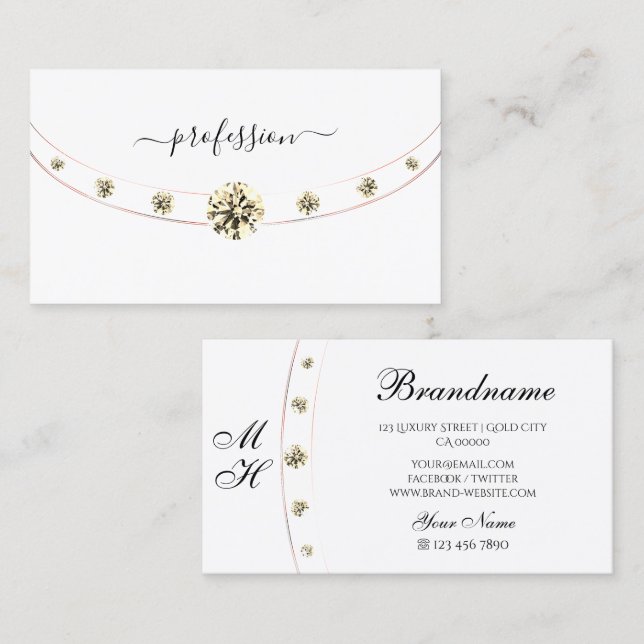 Monogram-Rhinestones an der weißen und der Rose Visitenkarte (Vorne/Hinten)