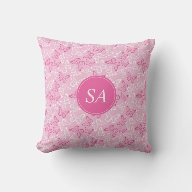 Monogram Romantische Rosa und Weiße Schmetterlinge Kissen (Vorderseite)