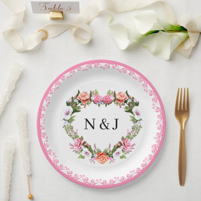 Monogram Romantische Rose Blumenherz Pappteller (Hochzeit)