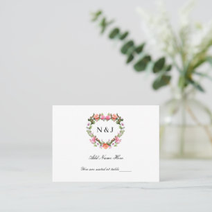 Monogram Romantische Rose Blumenherz Platzkarte