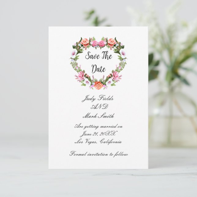 Monogram Romantische Rose Blumenherz Save the Date (Stehend Vorderseite)