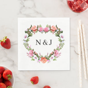 Monogram Romantische Rose Blumenherz Serviette