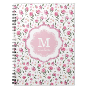 Monogram Romantisches rosa Roses Hübsches Muster Notizblock