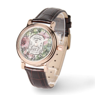 Monogram romantisches rosa und grünes botanisches armbanduhr