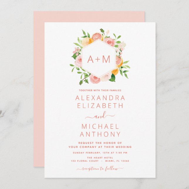 Monogram Rosa Citrus Floral Wedding Invitati Einladung (Vorne/Hinten)