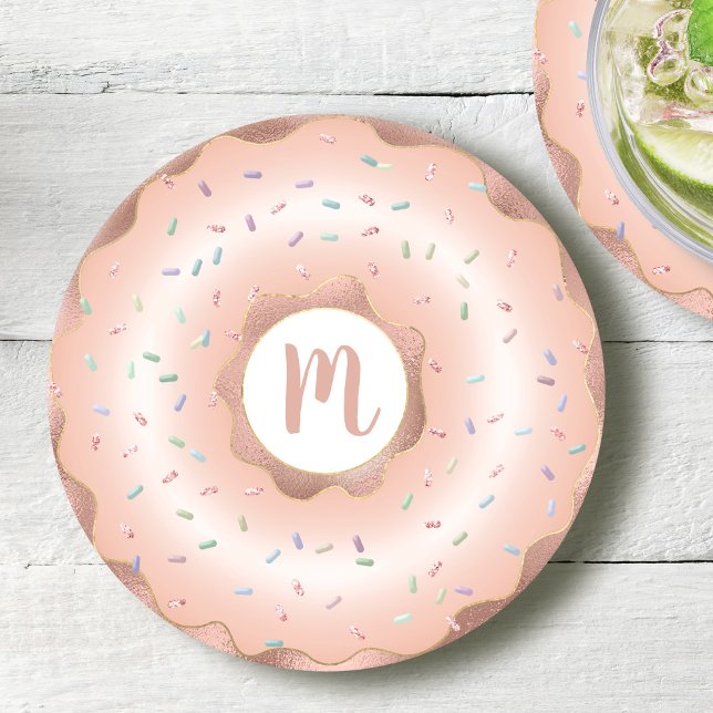 Monogram Rosa Goldfolie Doudnut Glam Runder Pappuntersetzer (Von Creator hochgeladen)