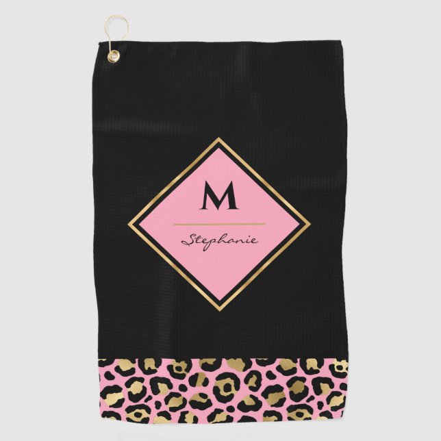 Monogram, rosa und goldene Leopard | Farbblock Golfhandtuch (Vorderseite)