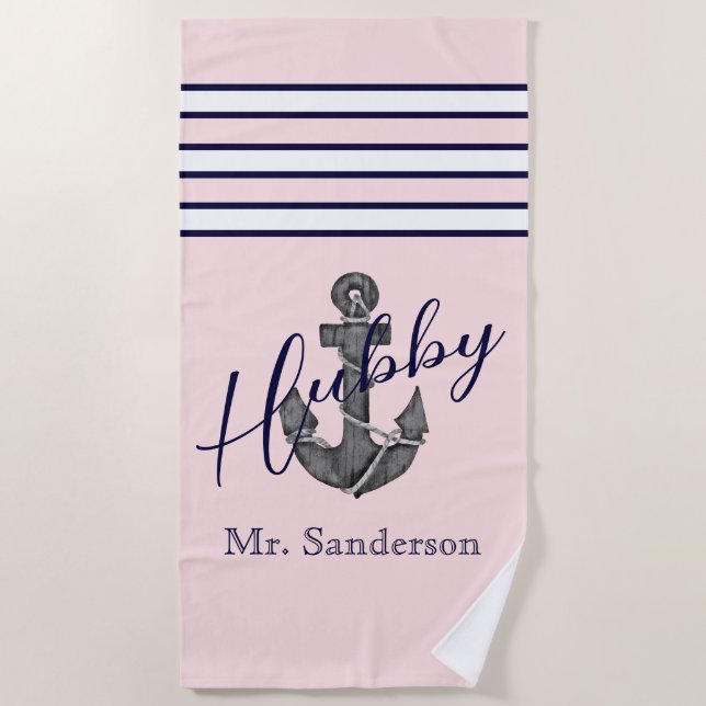 Monogram, rosa und Navy Blue Anchor Strandtuch (Vorderseite)