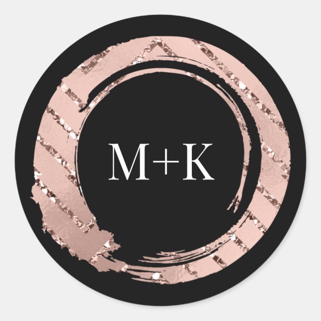 Monogram Rose Blush Frame Bridal Wedding Black Runder Aufkleber (Vorderseite)