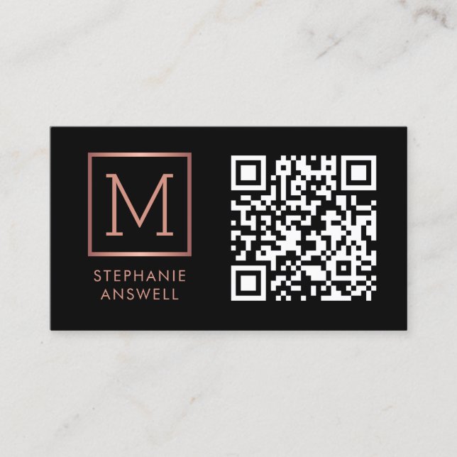 Monogram-Rose für den schwarzen QR-Code Visitenkarte (Vorderseite)