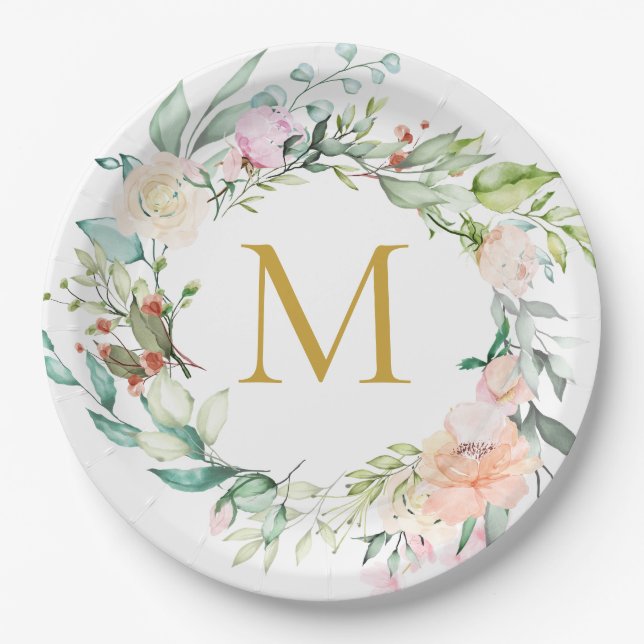 Monogram Rose Garland Floral Pappteller (Vorderseite)