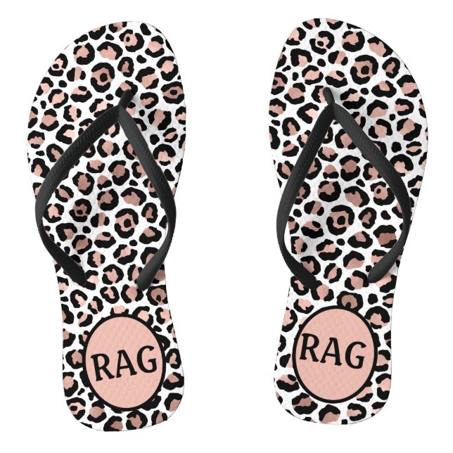 Monogram Rose Gold Black Leopard Print Trendy Flip Flops (Fußbett)