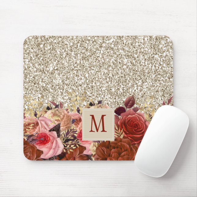Monogram Rose Gold Blume Light Gold Glitzer Mousepad (Mit Mouse)