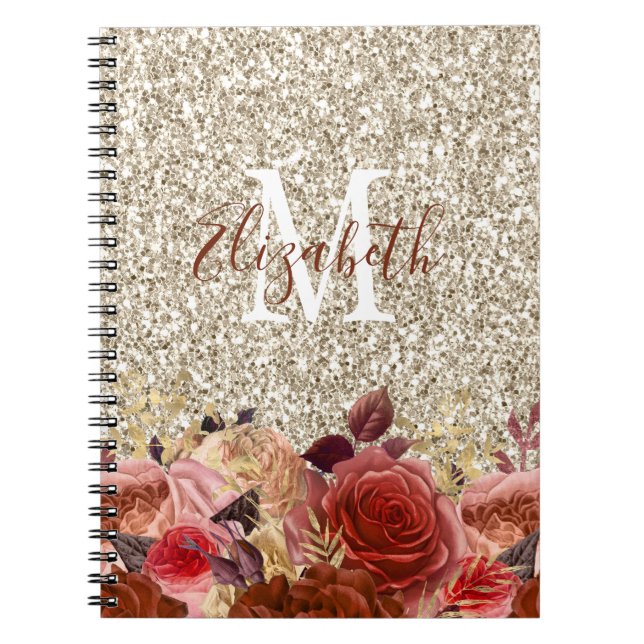 Monogram Rose Gold Blume Light Gold Glitzer Notizblock (Vorderseite)