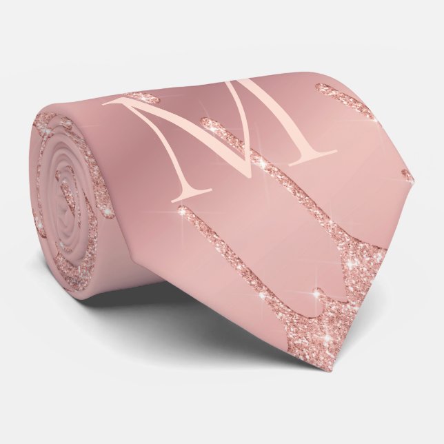 Monogram Rose Gold Blush Glitzer Letter Neck Tie Krawatte (Gerollt)