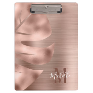 Monogram Rose Gold Brushed Metal Palm Leaf Klemmbrett