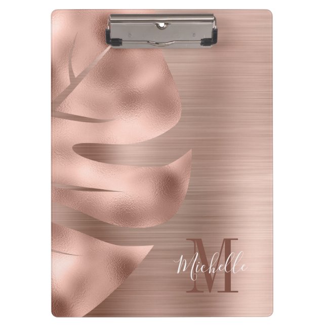 Monogram Rose Gold Brushed Metal Palm Leaf Klemmbrett (Vorderseite)