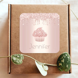 Monogram Rose gold cupcake Glitzer Tropfen modern Quadratischer Aufkleber