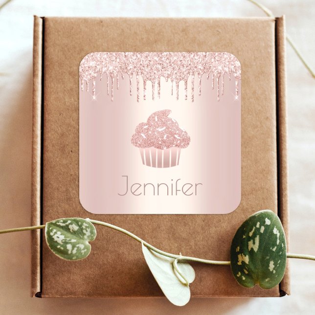 Monogram Rose gold cupcake Glitzer Tropfen modern Quadratischer Aufkleber (Von Creator hochgeladen)