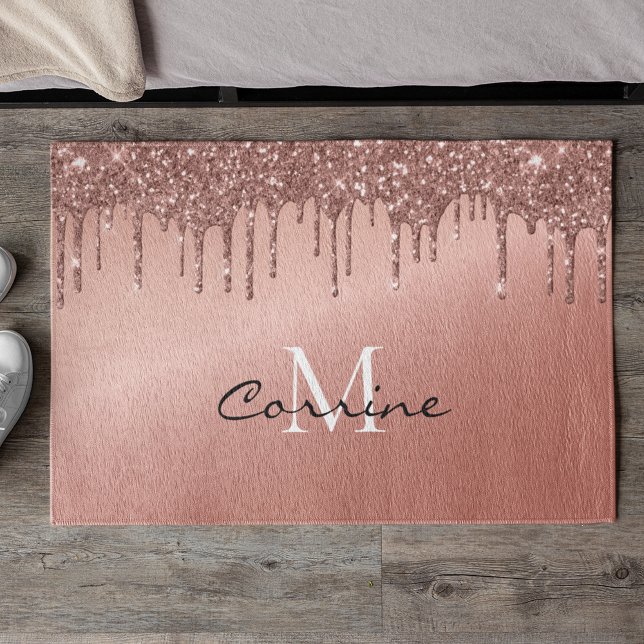 Monogram Rose Gold Dripping Glitzer Metallic Fußmatte (Von Creator hochgeladen)