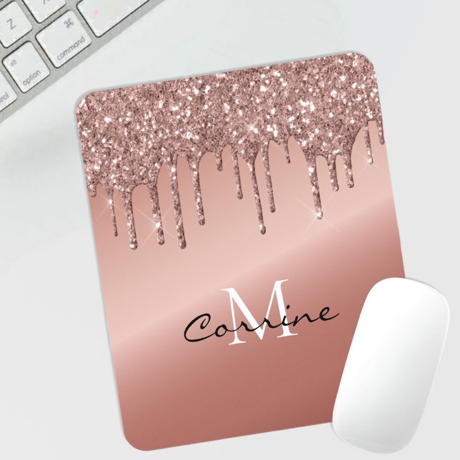 Monogram Rose Gold Dripping Glitzer Metallic Mousepad (Von Creator hochgeladen)