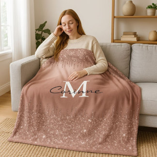 Monogram Rose Gold Dripping Glitzer Metallic Name Fleecedecke