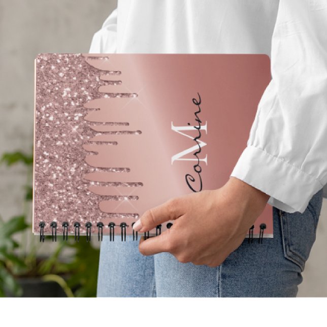 Monogram Rose Gold Dripping Glitzer Metallic Notizbuch (Von Creator hochgeladen)