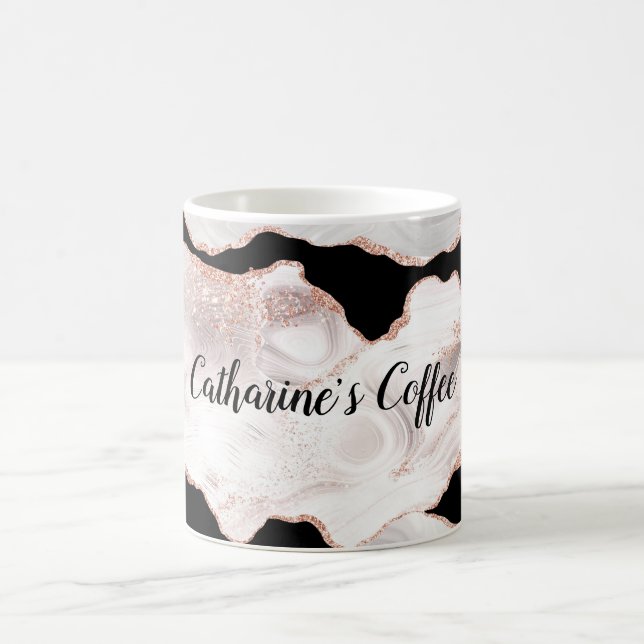 Monogram Rose Gold Glitzer Agate Schwarz-weiß Swir Kaffeetasse (Mittel)