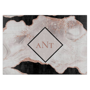 Monogram Rose Gold Glitzer Agate Schwarz-weiß Swir Schneidebrett