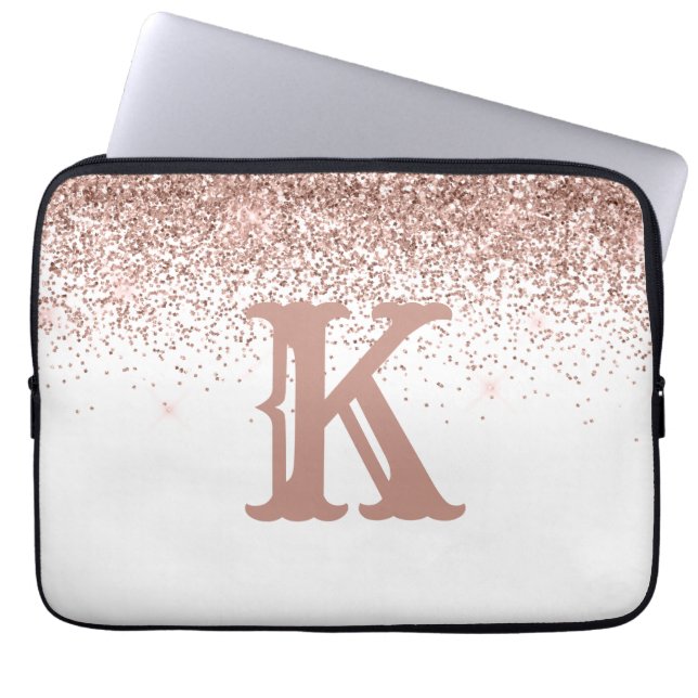 Monogram Rose Gold Glitzer Girl Personalisiert Laptopschutzhülle (Vorderseite)