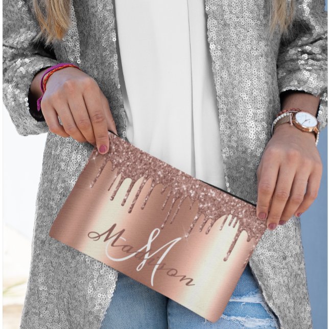 Monogram Rose Gold Glitzer Look Tropfen Girly Zubehörtasche (Von Creator hochgeladen)