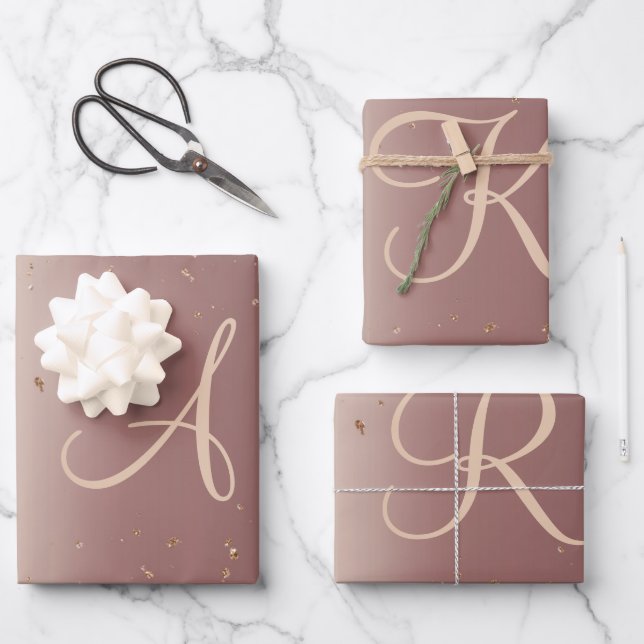 Monogram Rose Gold Glitzer Script Trendy Geschenkpapier Set (Vorderseite)